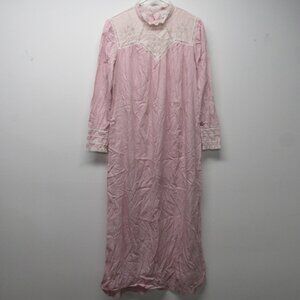 Vtg Barbizon Boutique Pink Lace Trim High Neck Victorian Nightgown sz S *READ*
